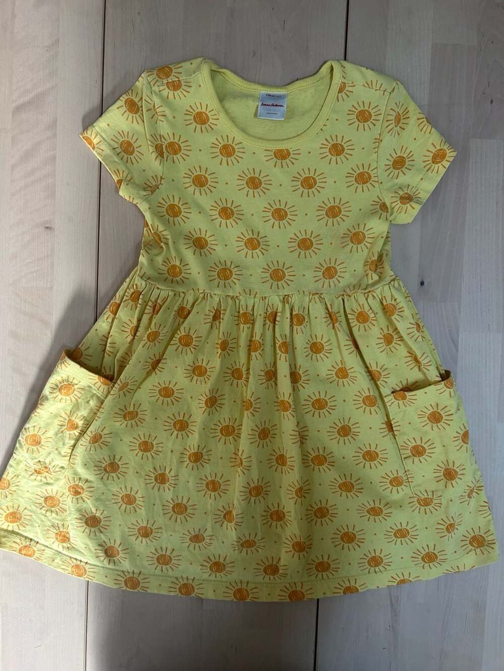 Hanna Andersson Yellow Sun Print Short Sleeve Dress with Pockets, 100% cotton